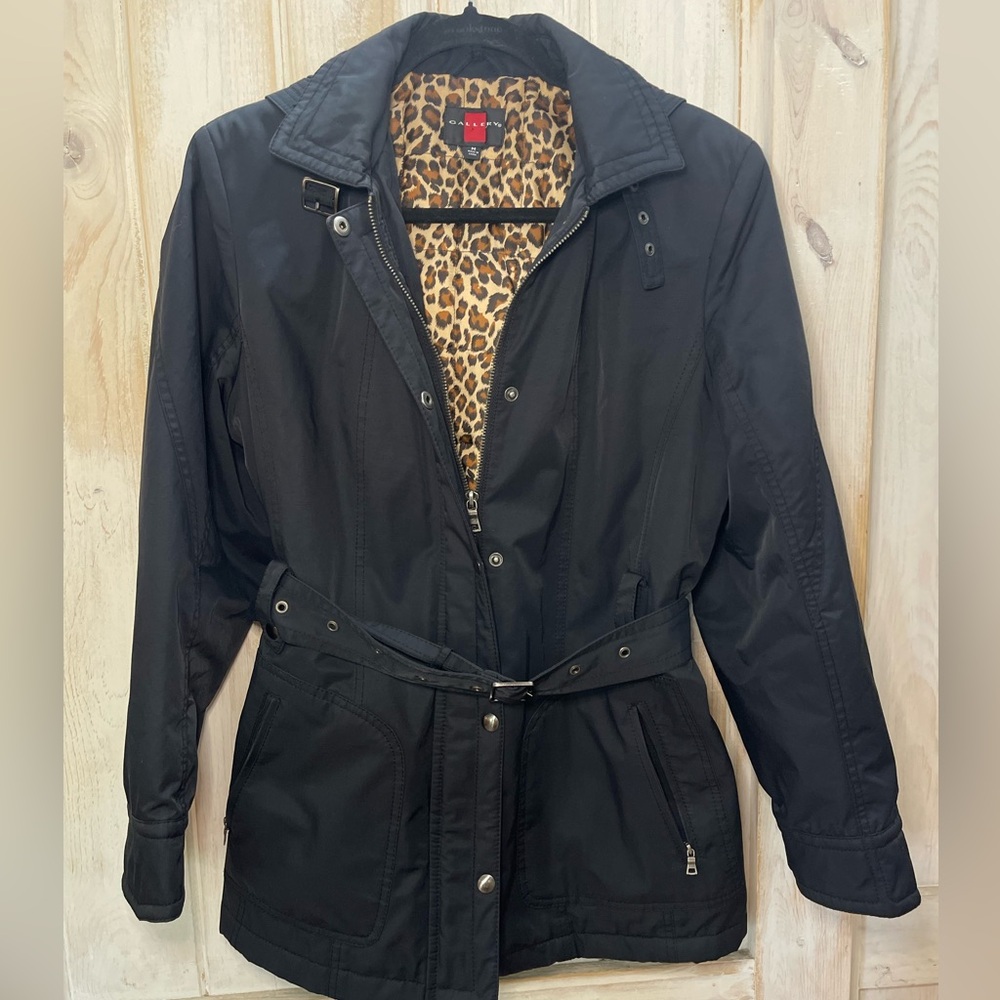 Gallery Woman’s Belted Waist Hooded Coat Water Resistant Medium Black